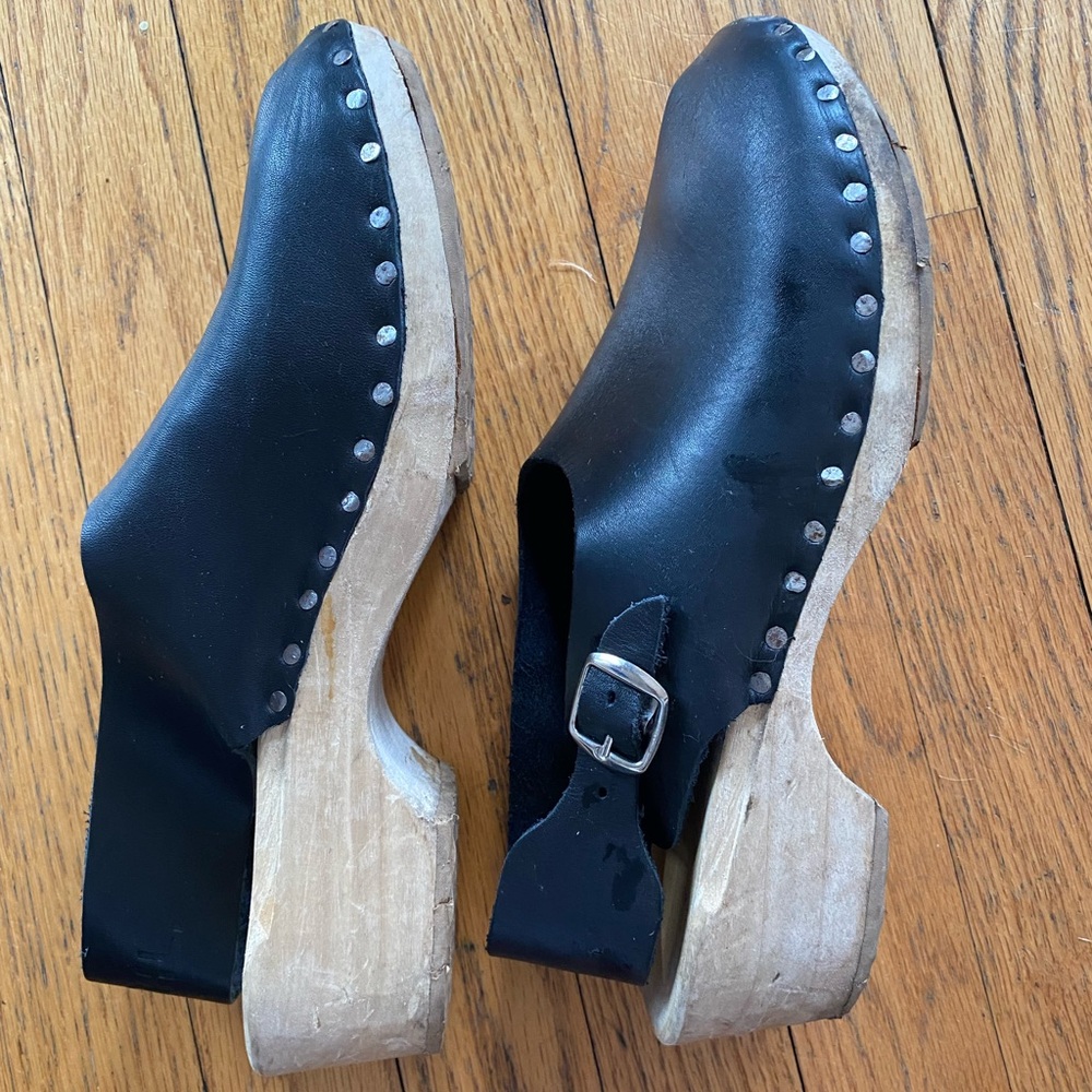 Black Leather Mules with Wooden Heel - Picture 4 of 6